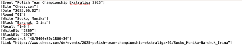 PGN-Text der Partiedaten bei Einzeldownload über Chess.com