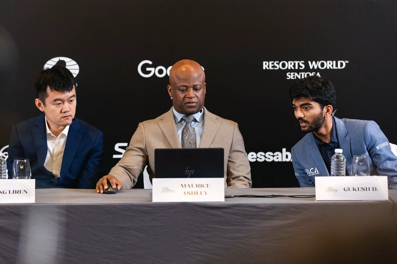 Ding and Gukesh at the press conference