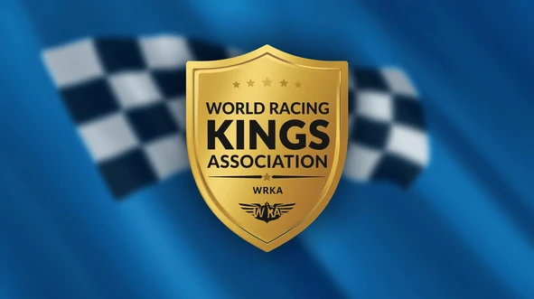 Make a picture that says World Racing KIngs Association(WRKA) on a golden shield that has a racing flag in the back ground blue color.jpg