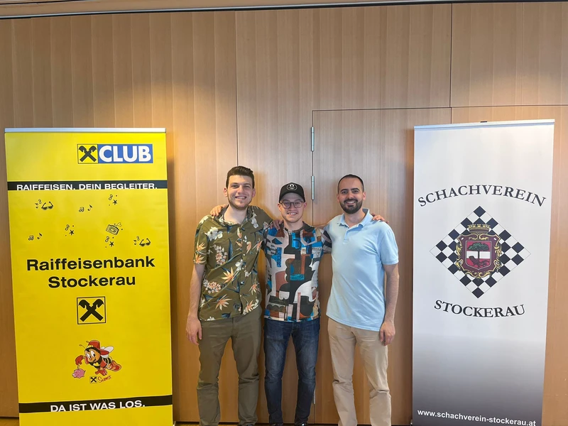 Anastasios Koukas, FM Jens Hirneise, and Vlad Ghita at the end of Stockerau Open 2025