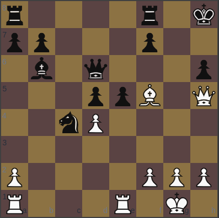 FEN: r4r1k/pp3p2/1b1q3p/3ppB1Q/2nP4/8/P4PPP/R3R1K1 w - - 0 24