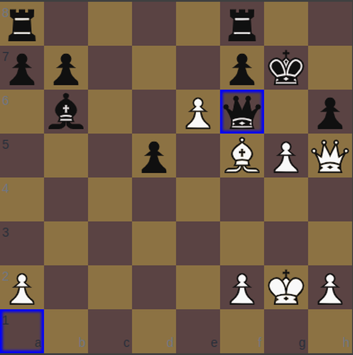 FEN: r4r2/pp3pk1/1b2Pq1p/3p1BPQ/8/8/P4PKP/8 w - - 2 30