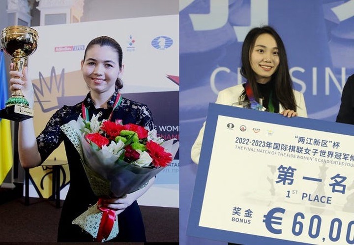 Goryachkina and Lei Tingjie with their past Candidates trophy and Candidates winner's check respectively