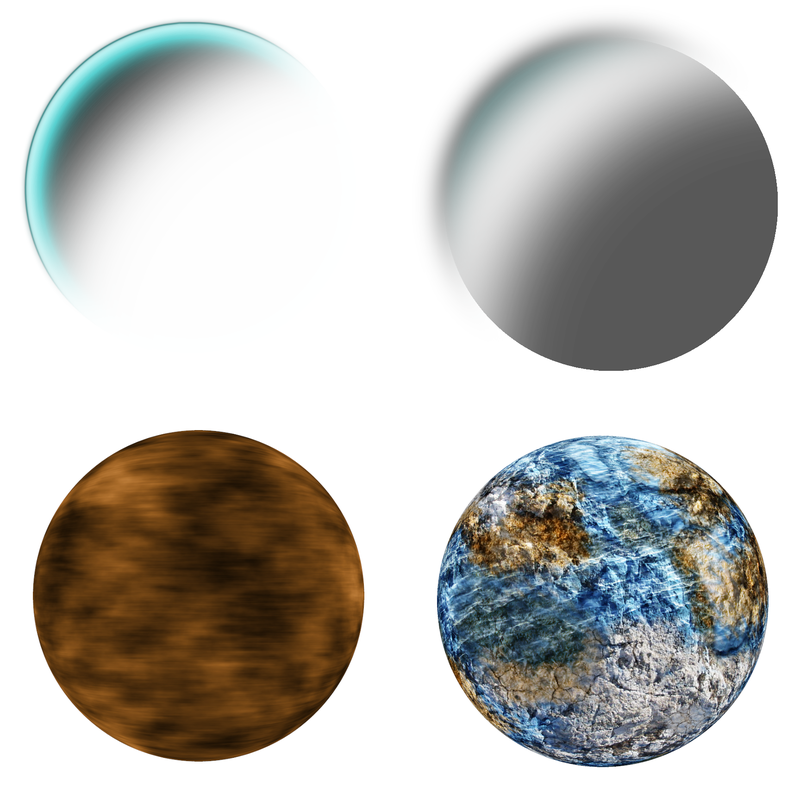 There are 4 images of the planet breakdown: the atmosphere, the shadows, the weather layer, and the planet's surface.