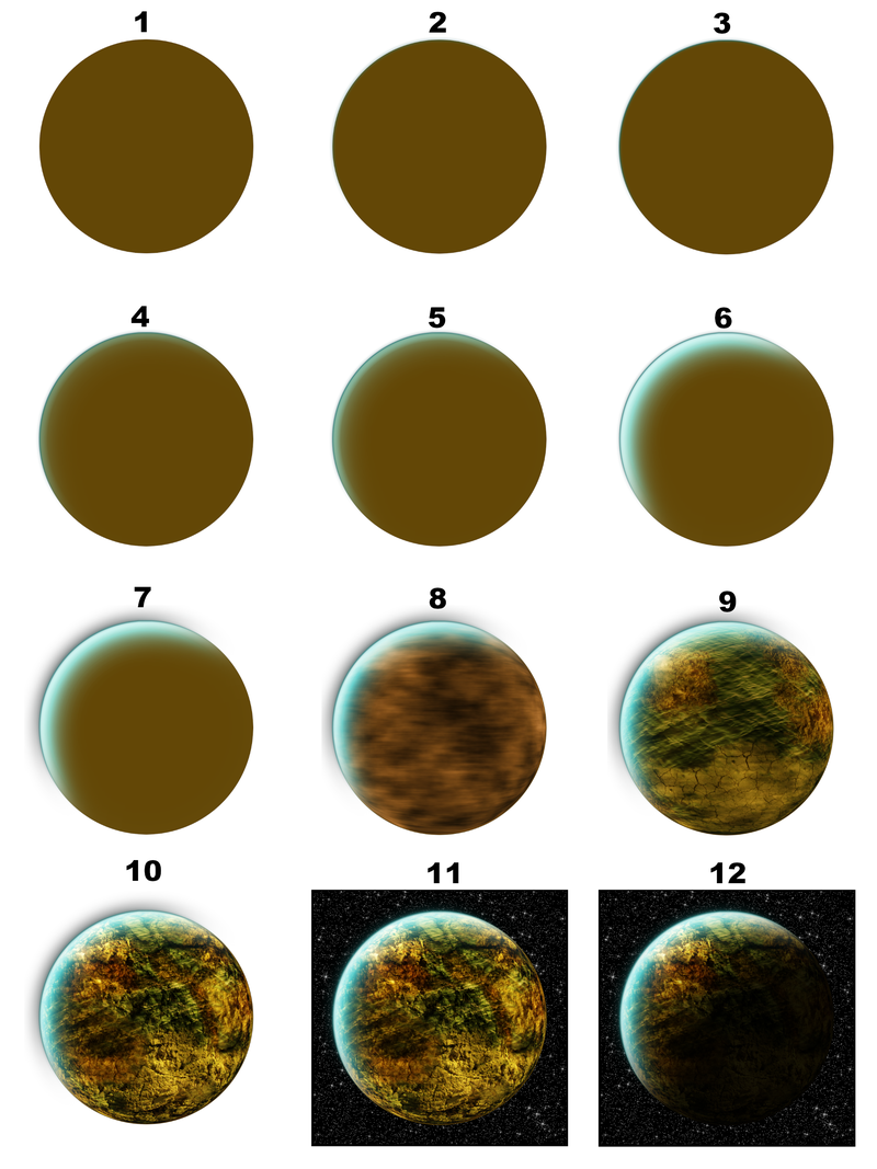 Layered Analysis visual metaphor. It has 12 images that show how an image of a planet is built layer by layer in GIMP, a freeware version of photoshop.