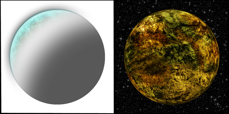 It shows two images of the photoshopped planet: one with the see-through layers such as the atmosphere and shadows. The second image is of the solid layers such as the planet's surface.