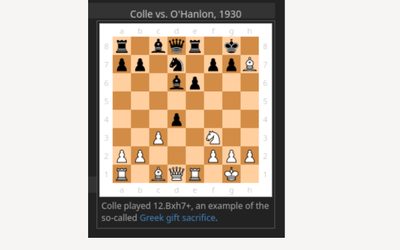 Chess board showing Colle versus O'Hanlon with a bishop sacrifice
