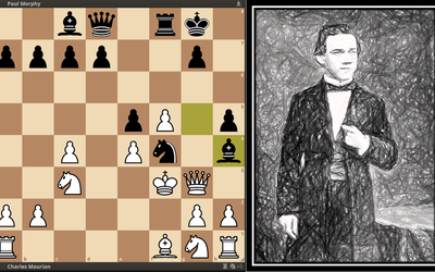 Paul Morphy (right) and the final position of  Maurian vs. Morphy 1854