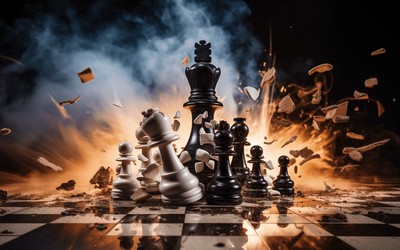 A black king stands tall amidst a sea of toppled white chess pieces, symbolizing the dominance and triumph of the black side over its adversaries.