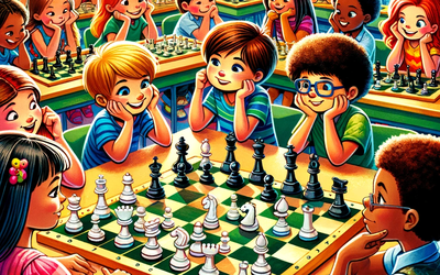 Here's a digital illustration that complements the article about your chess class demo. This vibrant image depicts a diverse group of children engaged in a chess class, capturing their curiosity, dete