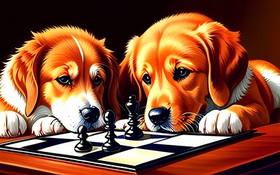 Two cute dogs with a strange chess board