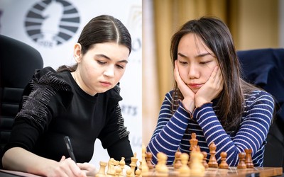Composite image of Goryachkina and Lei Tingjie at separate joining chessboards