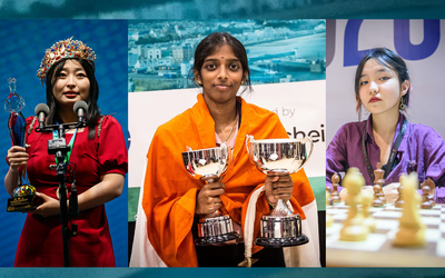 Ju Wenjun with her World Championship trophy, Vaishali with her two Grand Swiss trophies, and Alua Nurmanova at the chess board