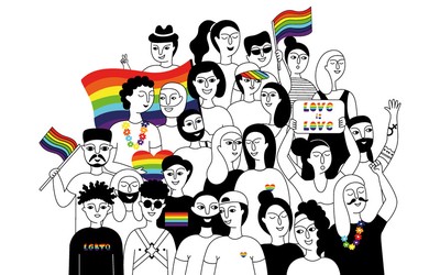 Black and white cartoon drawing of people representing the LGBTQ community, with rainbow flags and symbols.