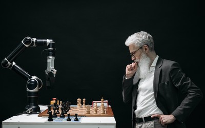 elderly man looking at a chess board