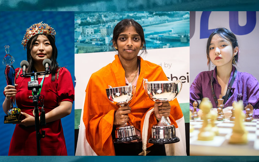 Ju Wenjun with her World Championship trophy, Vaishali with her two Grand Swiss trophies, and Alua Nurmanova at the chess board