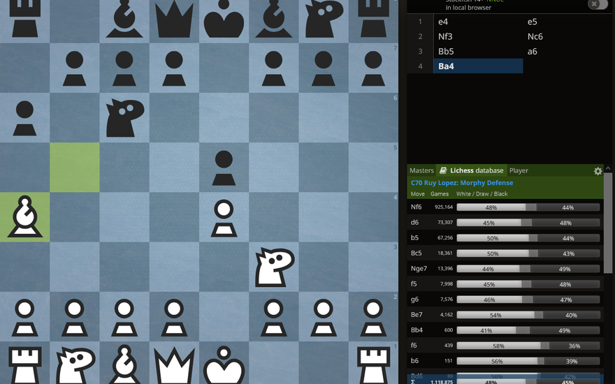 A lichess analysis board, set to the position after e4 e5 nf3 nc6 bb5 a6 ba4, with the opening explorer open